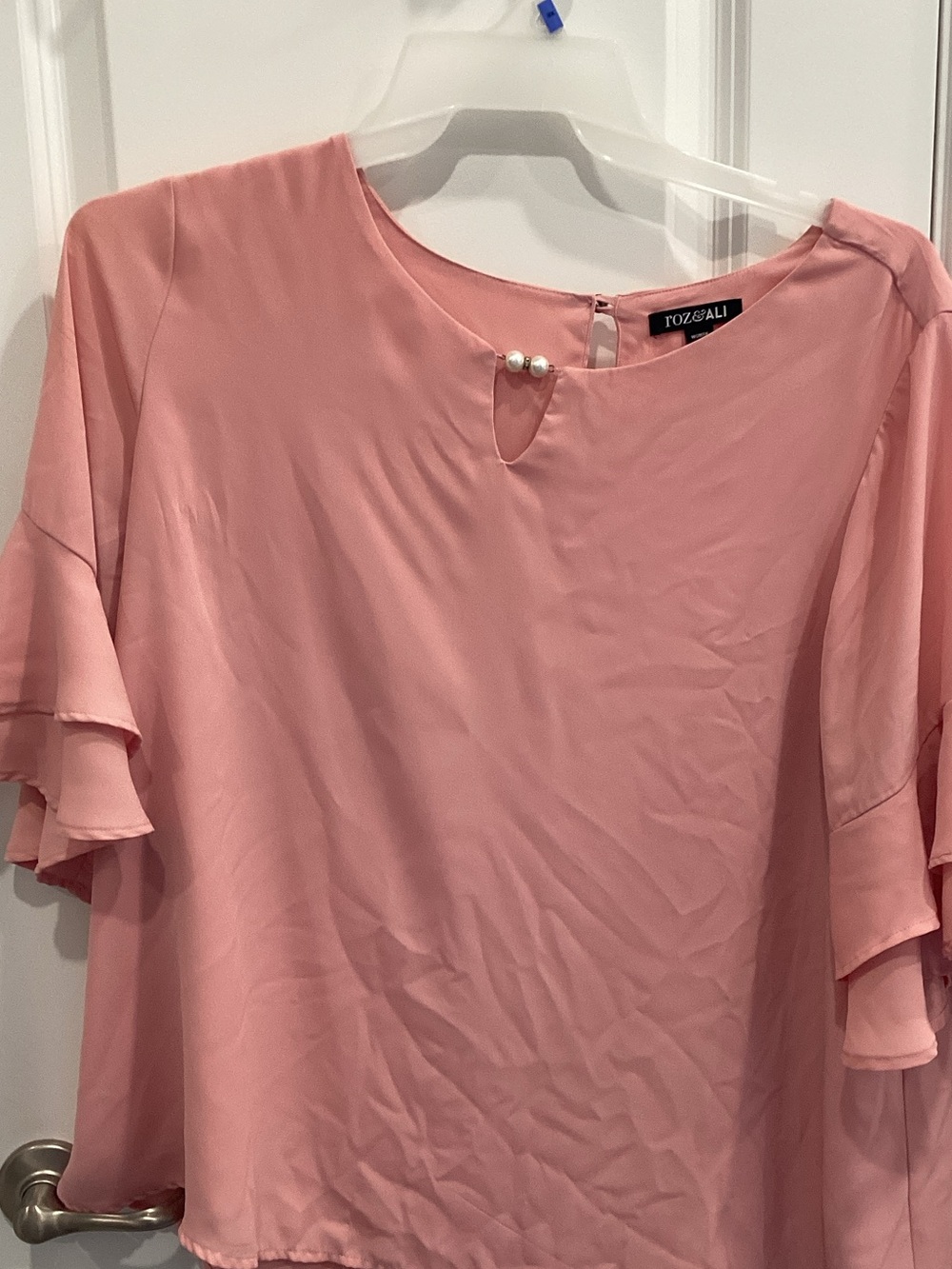Roz & Ali Blush Pink Ruffle Sleeve Blouse with Pearl Detail